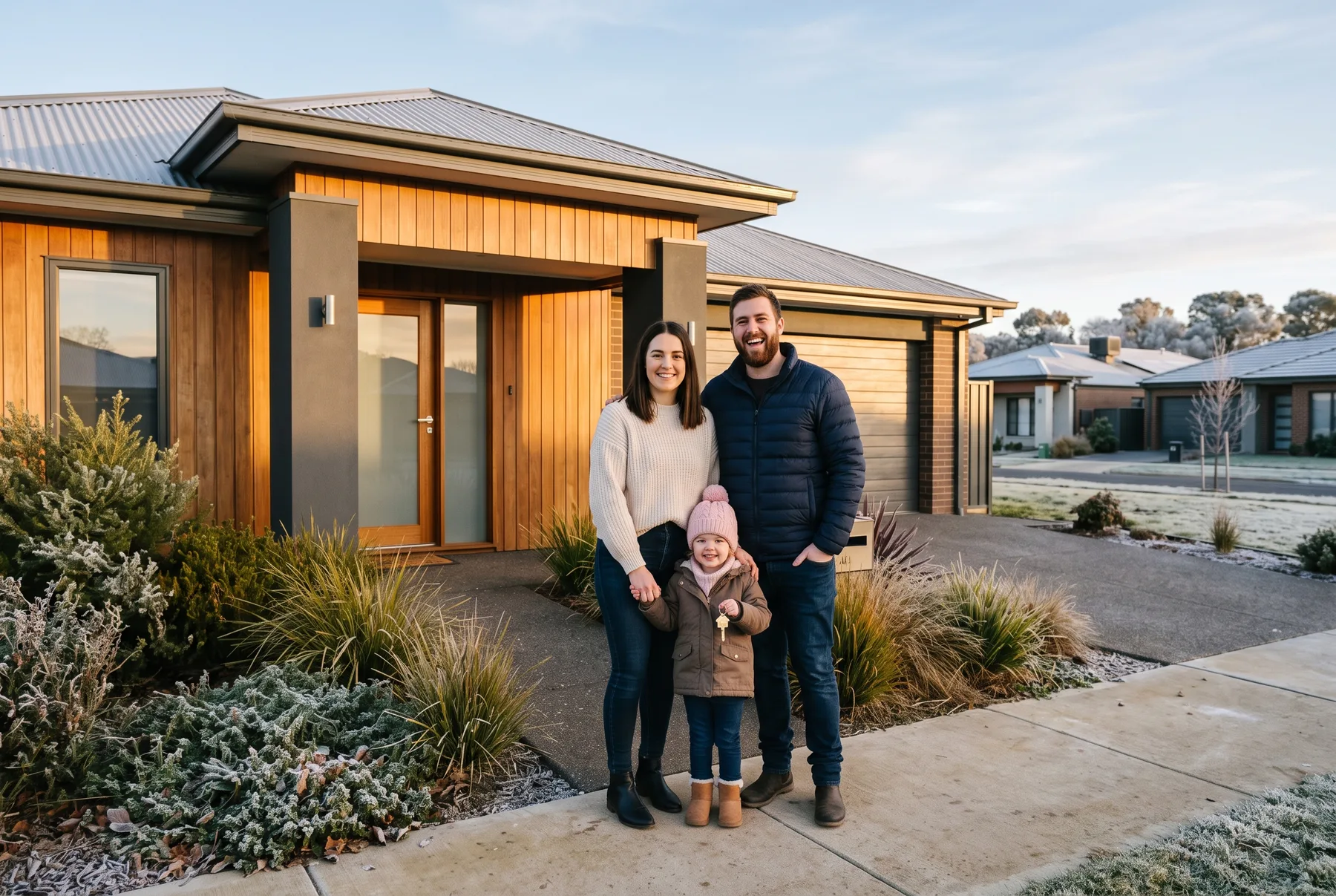 Indicative new home frontage with landscaped garden and family entering the front door