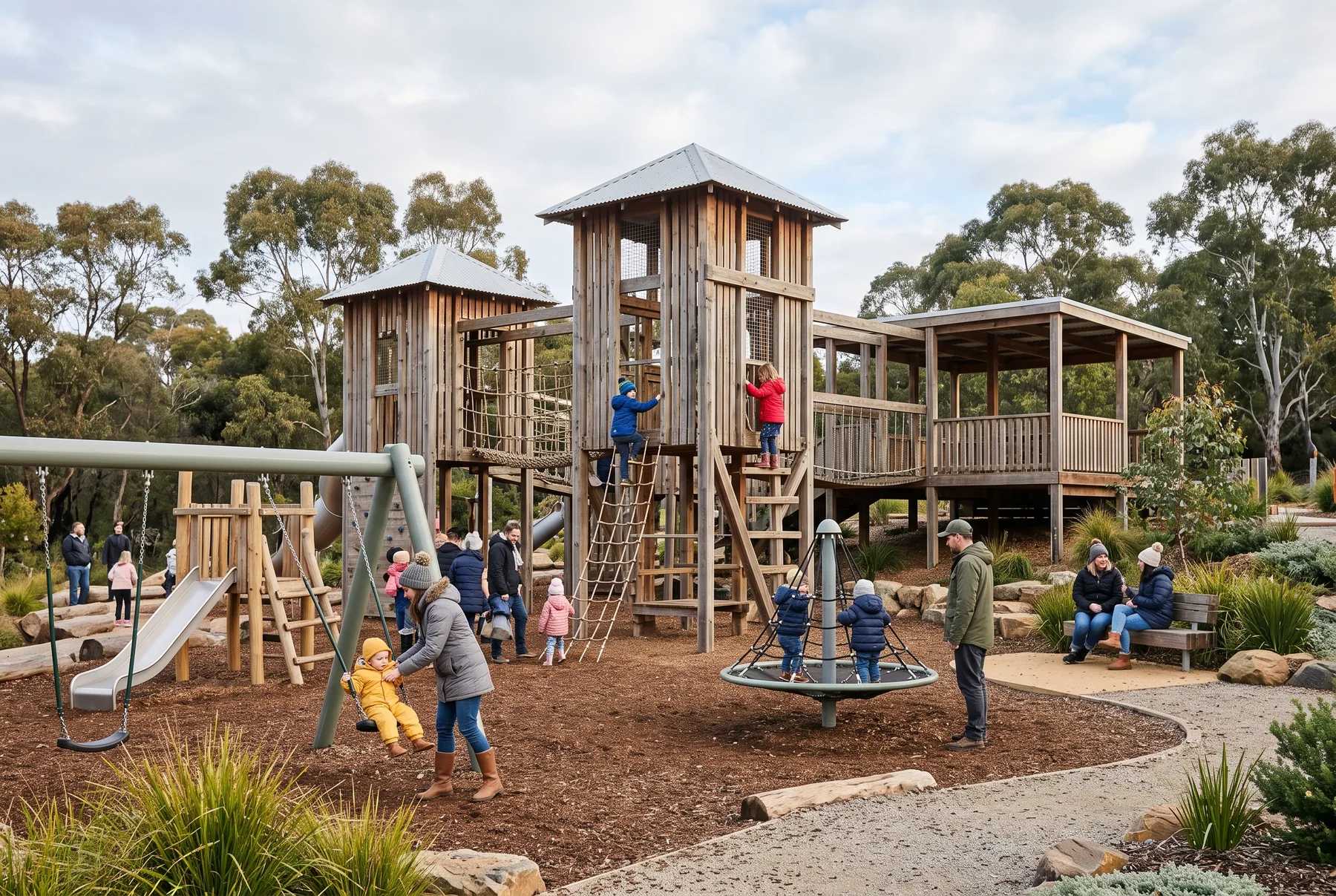 Indicative neighbourhood playground with families and shaded seating