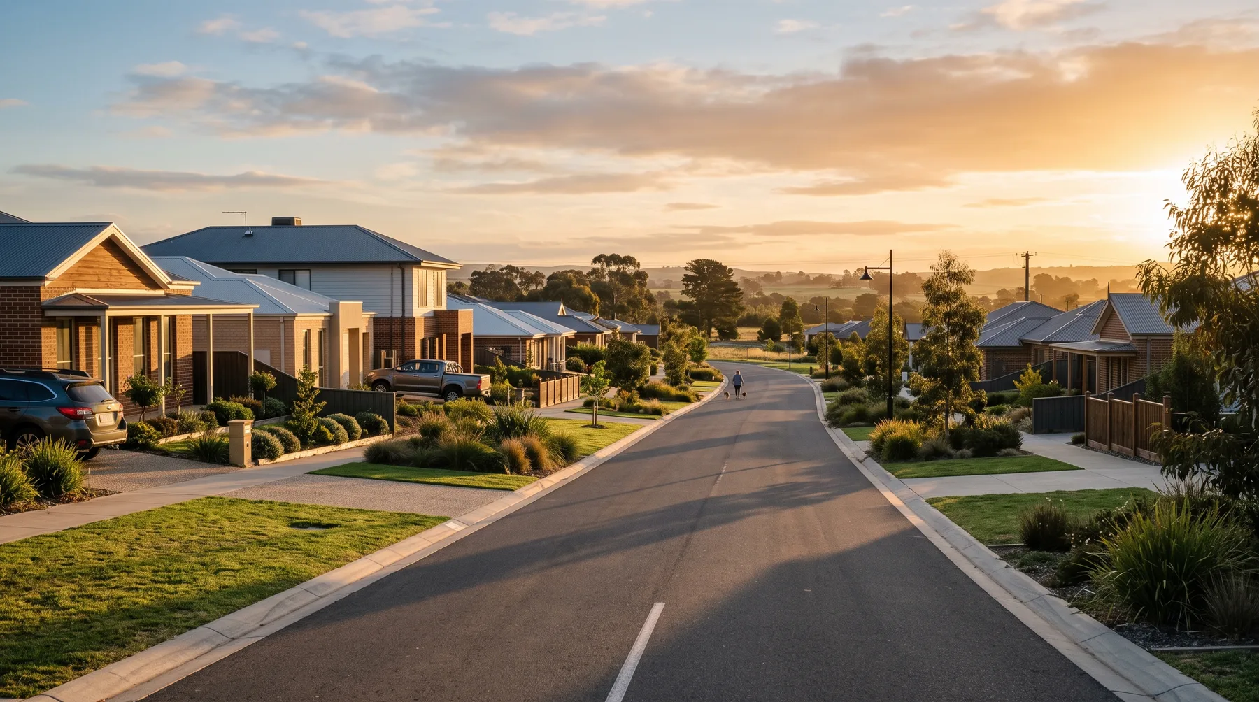 Indicative residential street at golden hour with new homes and street trees